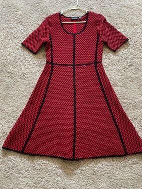 Nina Leonard Red and Black Textured Fit-and-Flare Dress